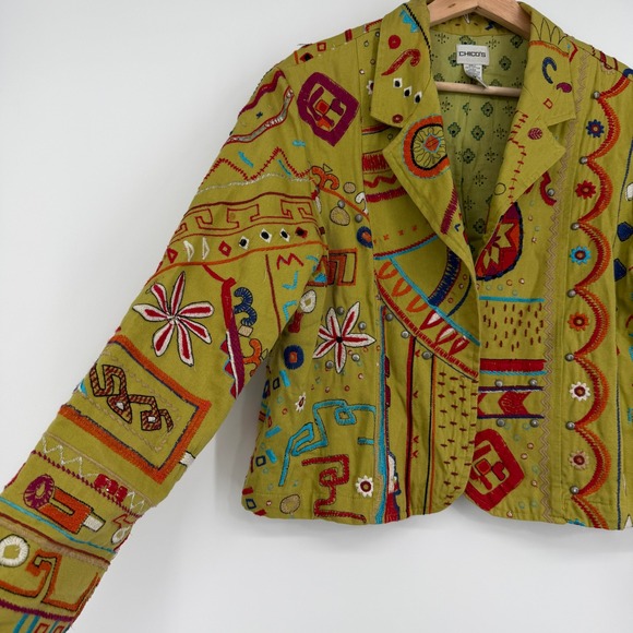 Chico's Green Boho Artsy Embroidered Studded Cropped Jacket Size 2 L - Picture 4 of 13